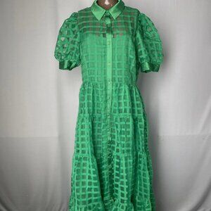 English Factory Women’s Gridded Organza Tiered Button-Up Maxi Dress Green Size M